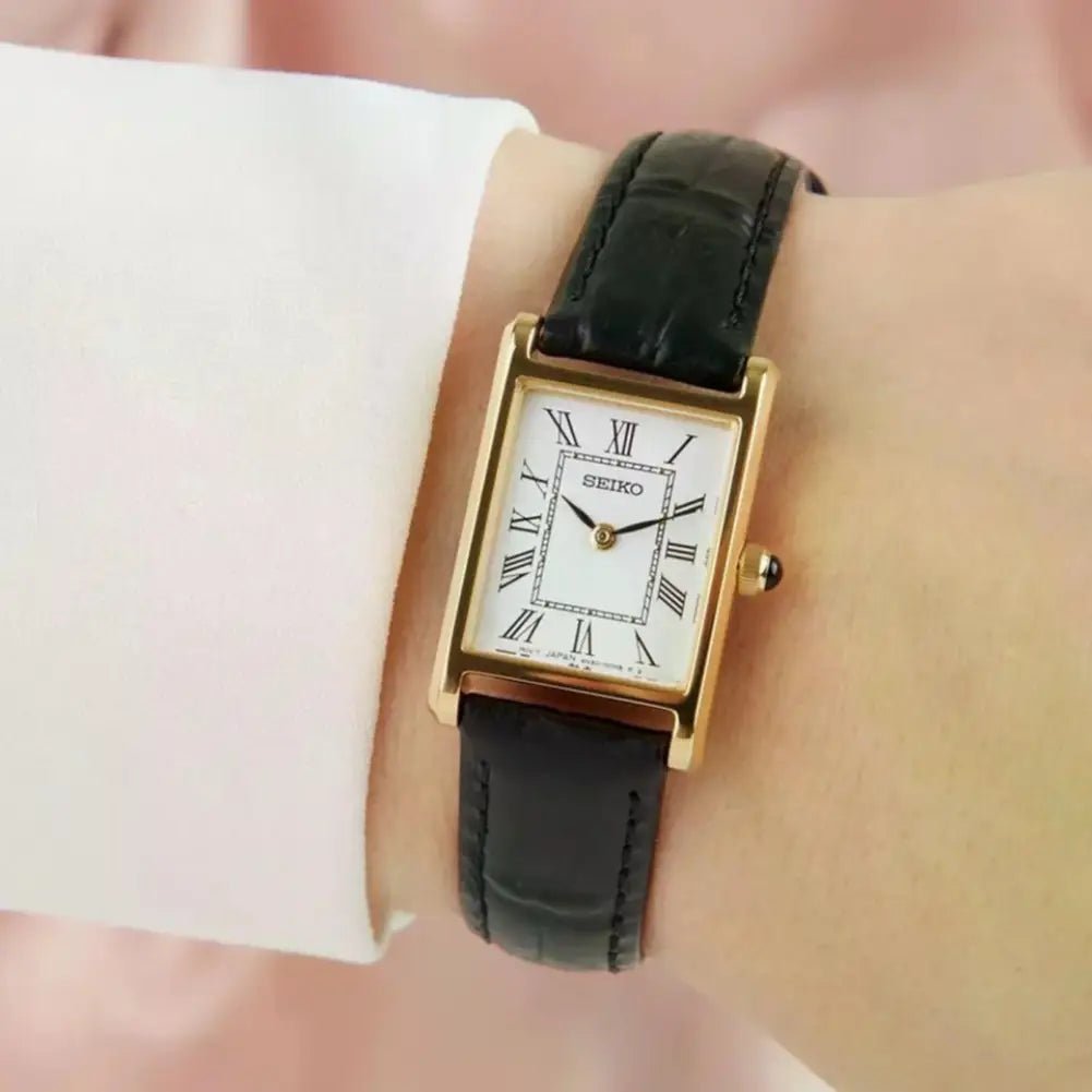 Seiko-Seiko Essentials SWR108P1 Quartz White Roman Dial Black Leather Strap Women's Watch-Wristbear-2