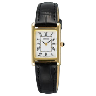 Seiko-Seiko Essentials SWR108P1 Quartz White Roman Dial Black Leather Strap Women's Watch-Wristbear-1