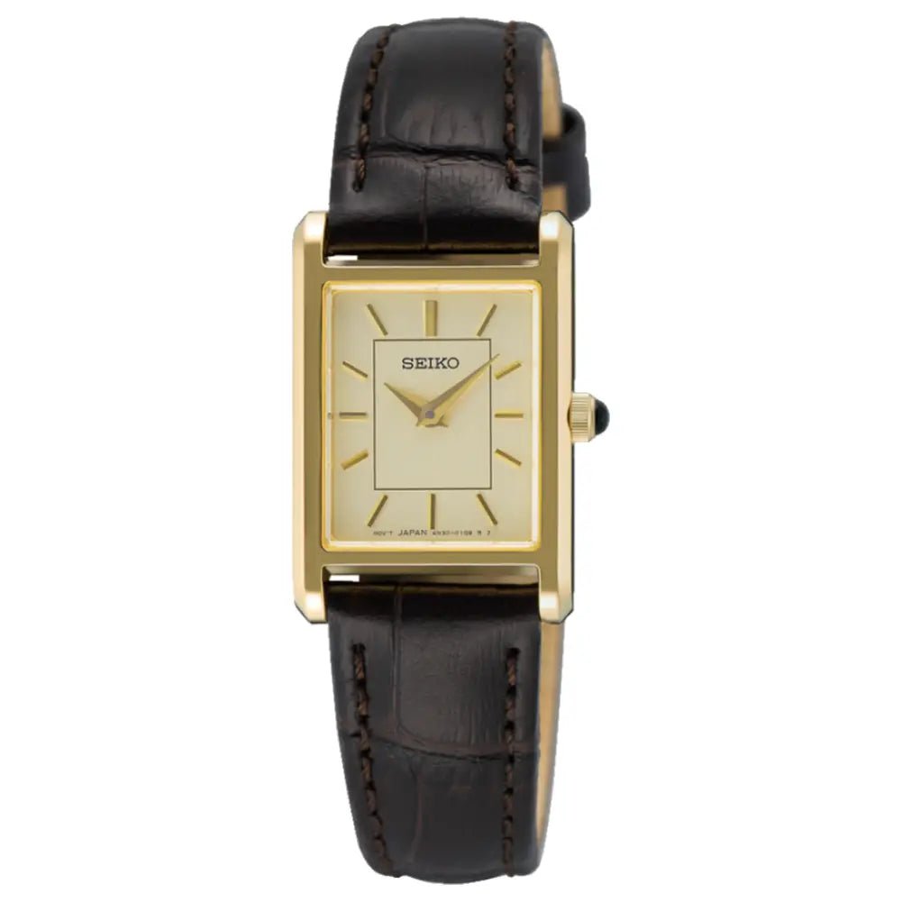 Seiko-Seiko Essentials SWR110P1 Quartz Champagne Dial Leather Strap Women's Watch-Wristbear-1