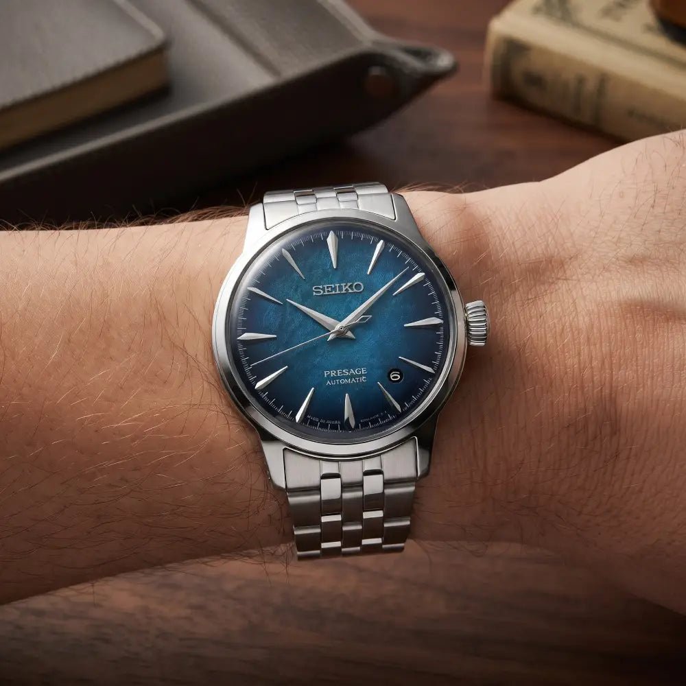Seiko-Seiko Presage Cocktail Time HCB001J Automatic Blue Dial Stainless Steel Bracelet Men's Watch-Wristbear-3