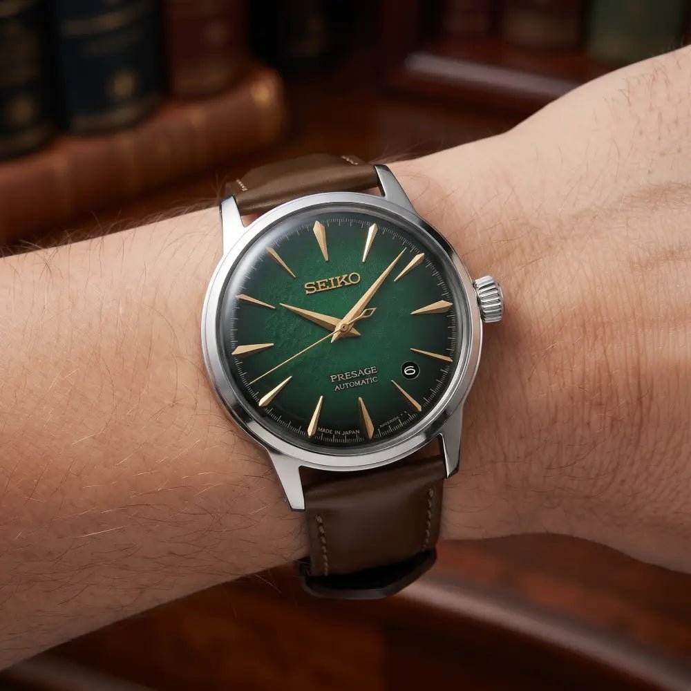 Seiko-Seiko Presage Cocktail Time HCB002J Automatic Green Dial Brown Leather Men's Watch-Wristbear-2