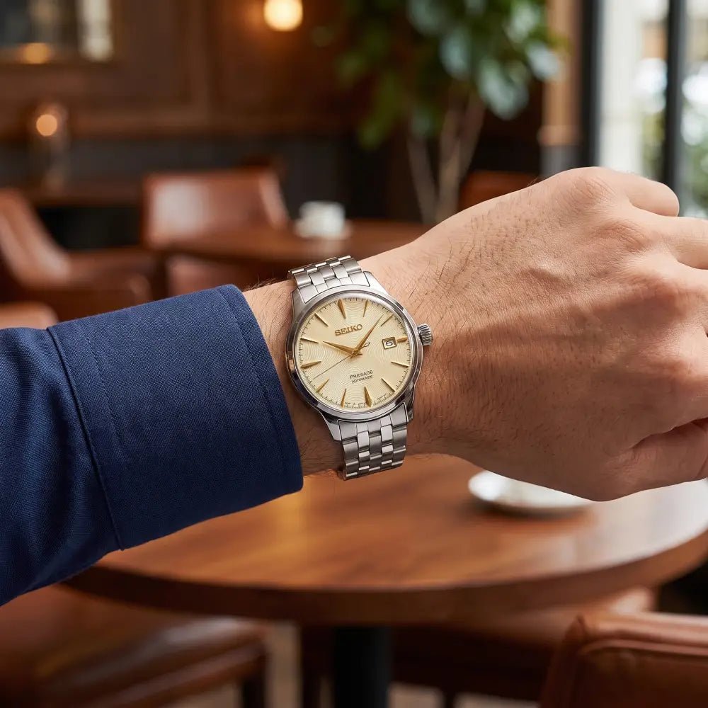 Seiko-Seiko Presage "Cocktail Time" SARY273 Automatic Gold Dial Stainless Steel Men's Watch-Wristbear-2