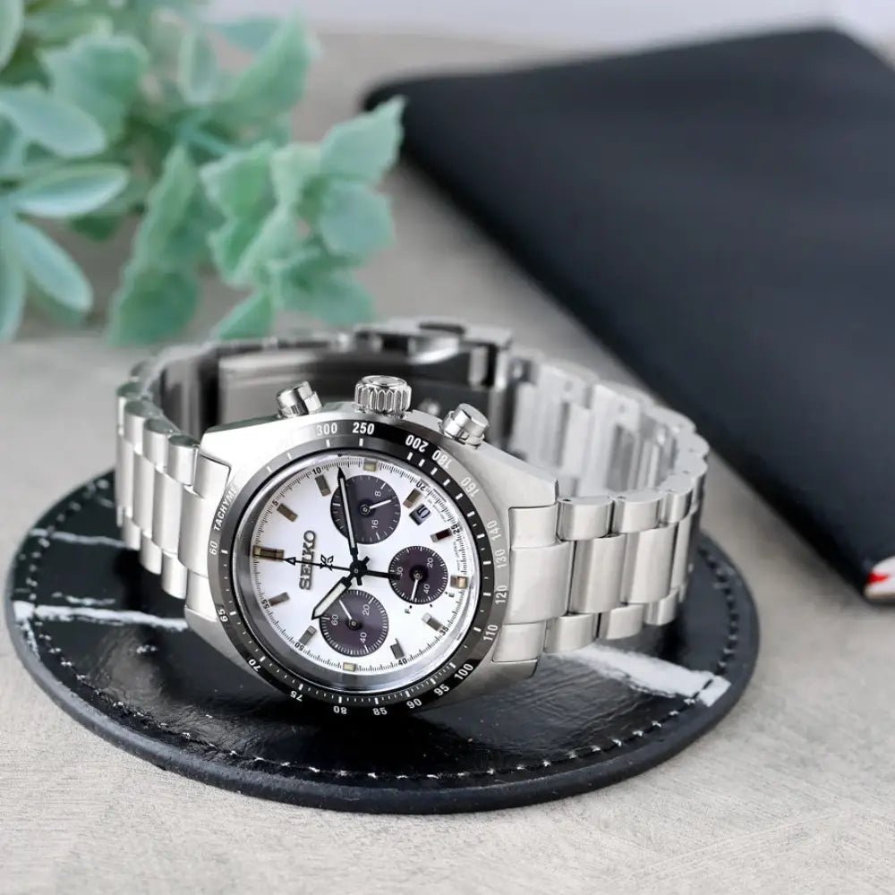 Seiko-Seiko Prospex Speedtimer SBDL125 Solar Chronograph White Textured Panda Dial Stainless Steel Men's Watch-Wristbear-4
