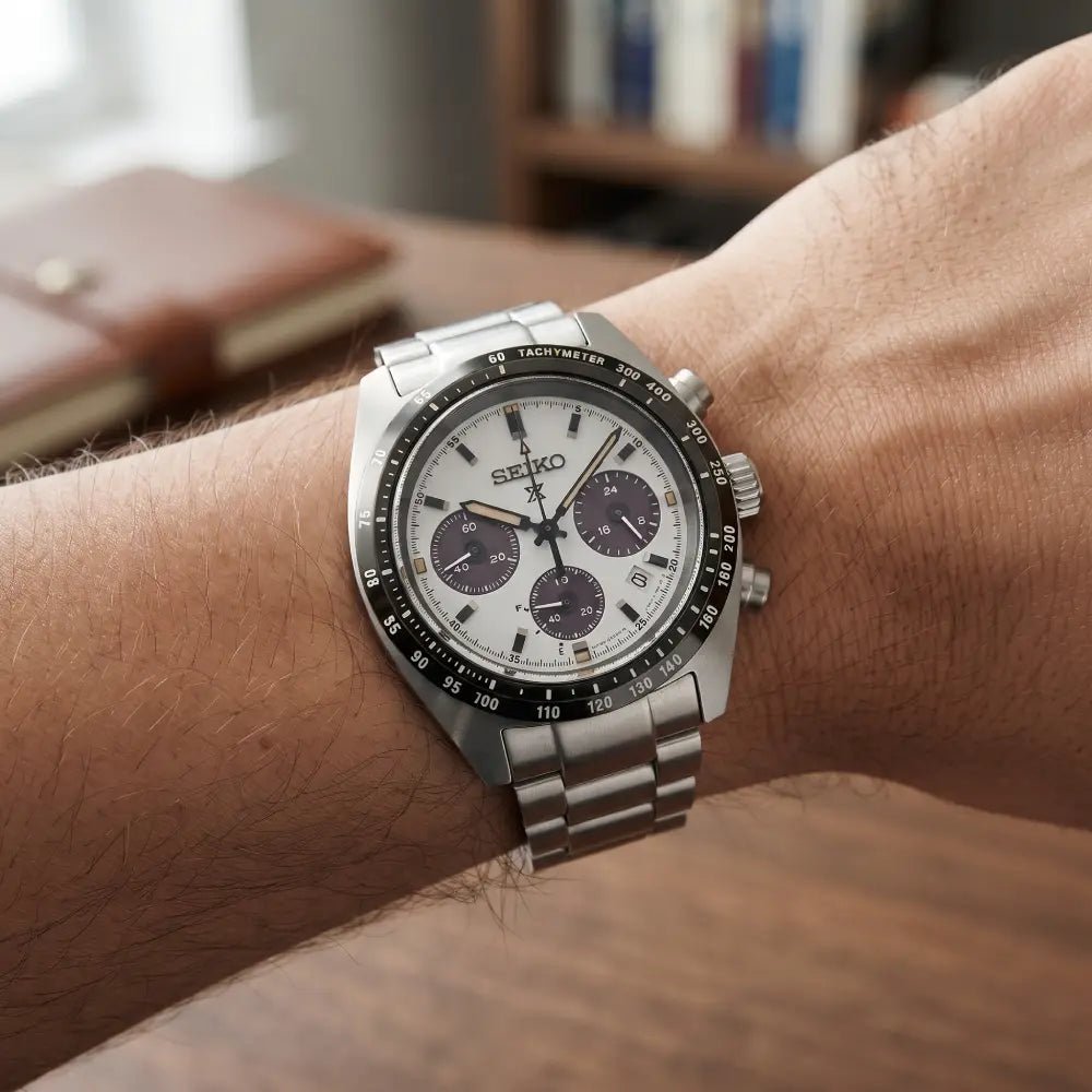 Seiko-Seiko Prospex Speedtimer SBDL125 Solar Chronograph White Textured Panda Dial Stainless Steel Men's Watch-Wristbear-2