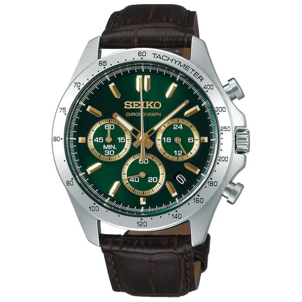 Seiko-Seiko Selection SBTR017 Quartz Chronograph Green Sunray Dial Leather Strap Men's Watch-Wristbear-1