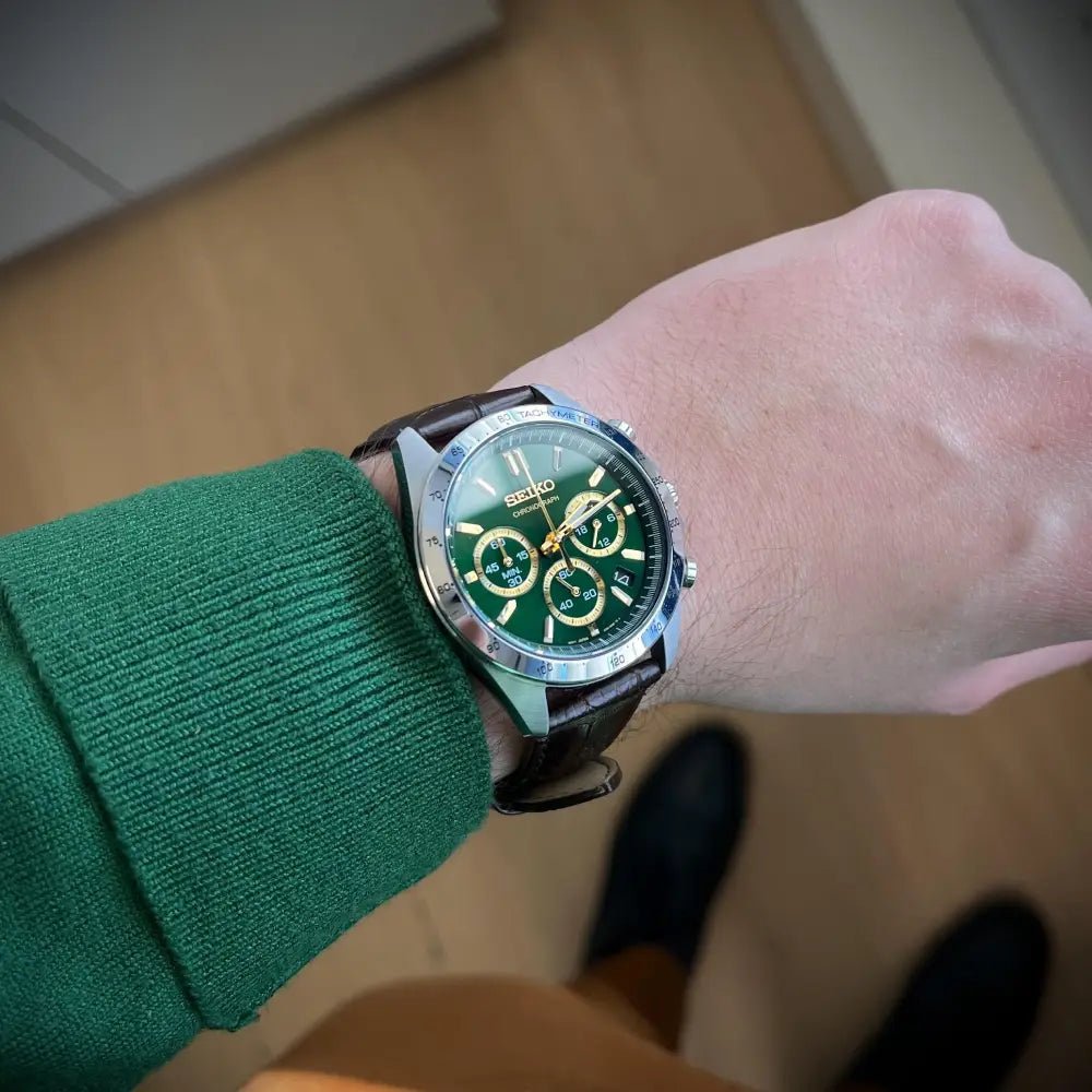 Seiko-Seiko Selection SBTR017 Quartz Chronograph Green Sunray Dial Leather Strap Men's Watch-Wristbear-2