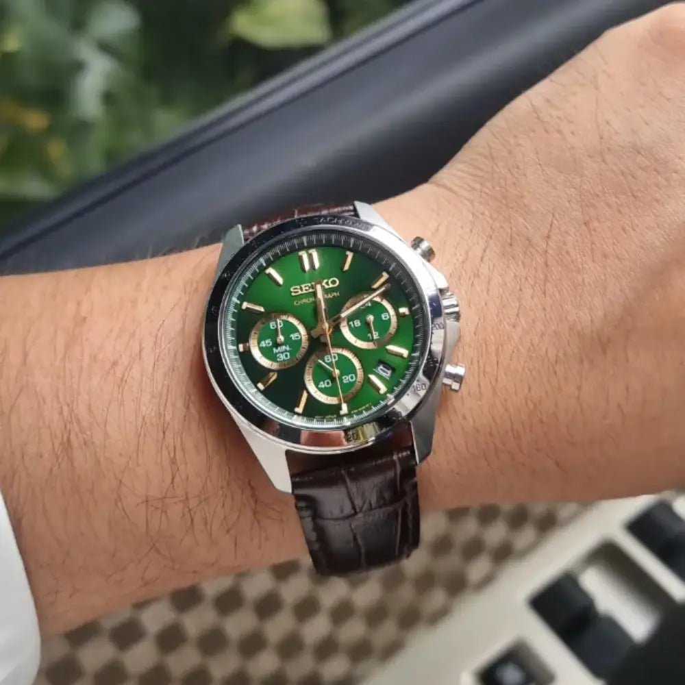 Seiko-Seiko Selection SBTR017 Quartz Chronograph Green Sunray Dial Leather Strap Men's Watch-Wristbear-3