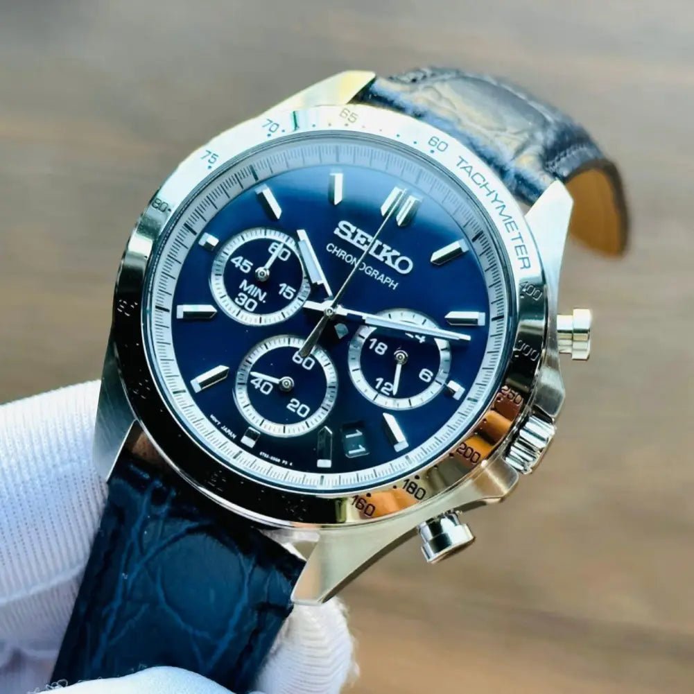 Seiko-Seiko Selection Spirit Chronograph SBTR019 Quartz Blue Dial Leather Strap Men's Watch-Wristbear-2