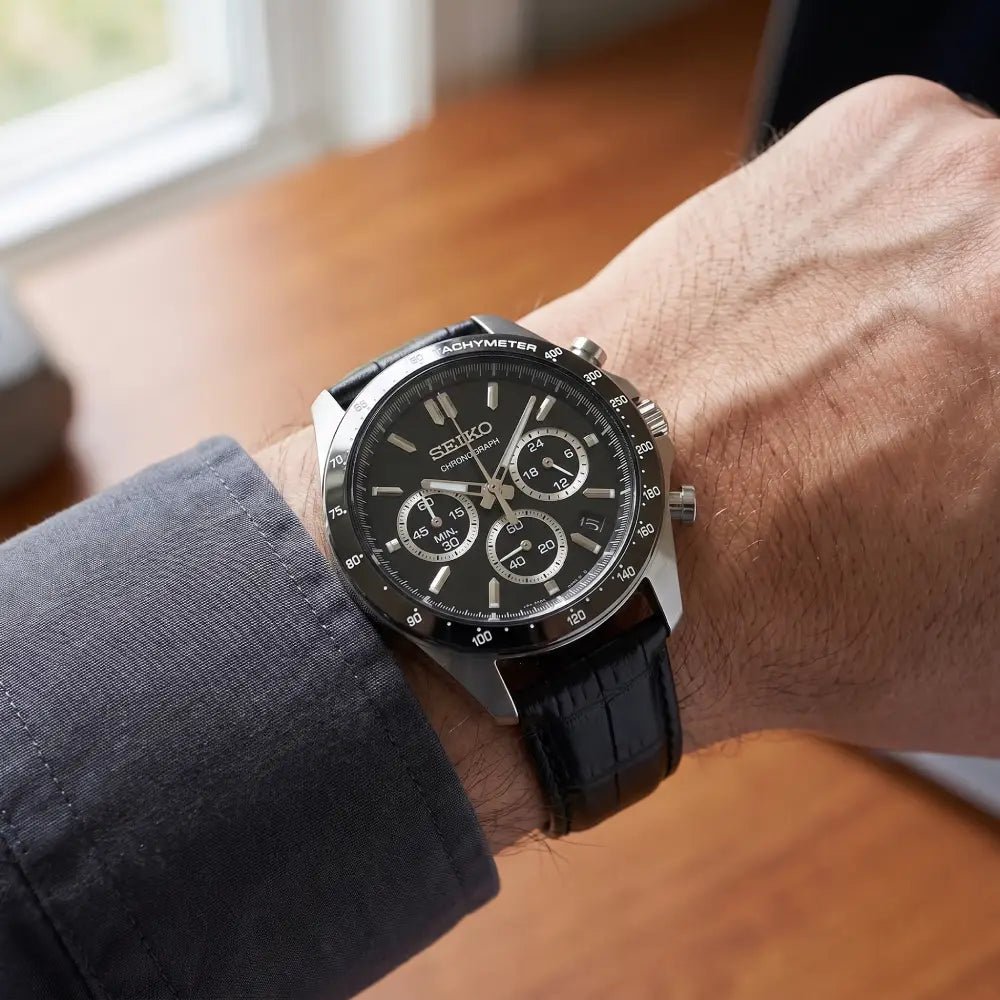 Seiko-Seiko Selection Spirit SBTR021 Chronograph Quartz Back Dial Leather Strap Men's Watch-Wristbear-2