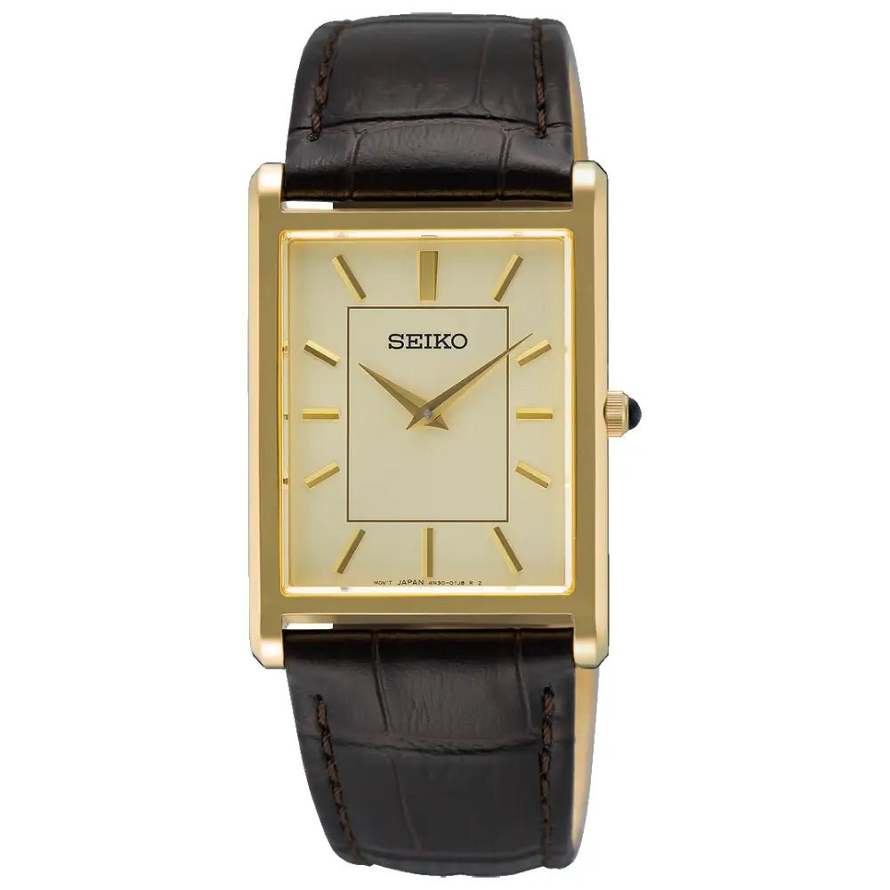 Seiko-Seiko SWR106P1 Quartz Tank Style Champagne Dial Men's Leather Strap-Wristbear-1