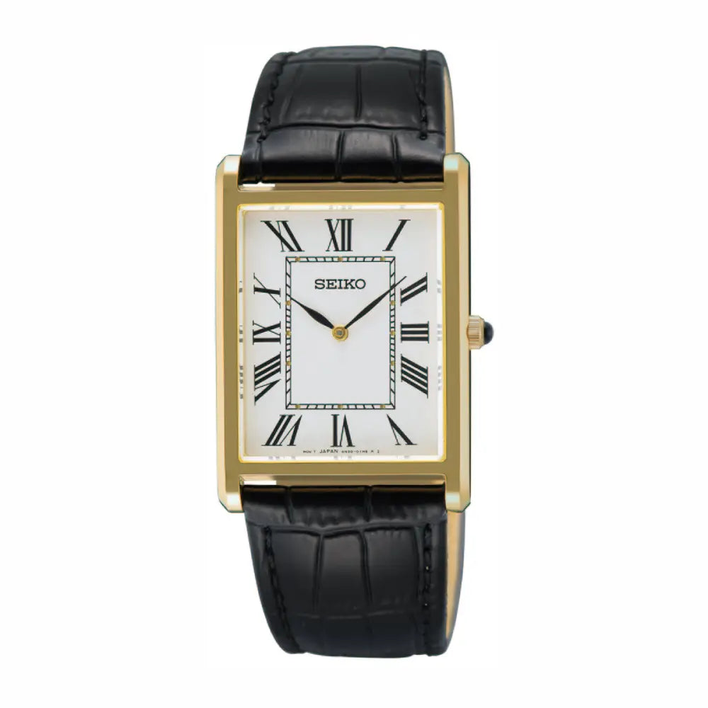 Seiko SWR104P1 tank-style quartz dress watch with leather strap