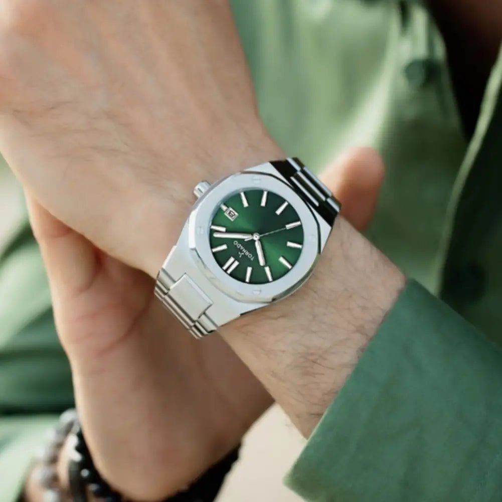 Tornado-TORNADO Aurora Twilight T23003-SBSH Analog Quartz Green Dial Stainless Steel Bracelet Men's Watch-Wristbear-2