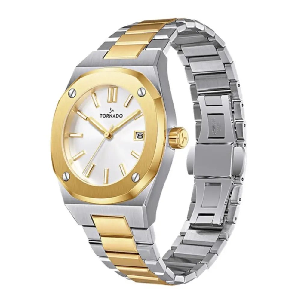 Tornado-TORNADO Aurora Twilight T23003-TBTW Analog Quartz White Dial Two-Tone Stainless Steel Bracelet Men's Watch-Wristbear-2