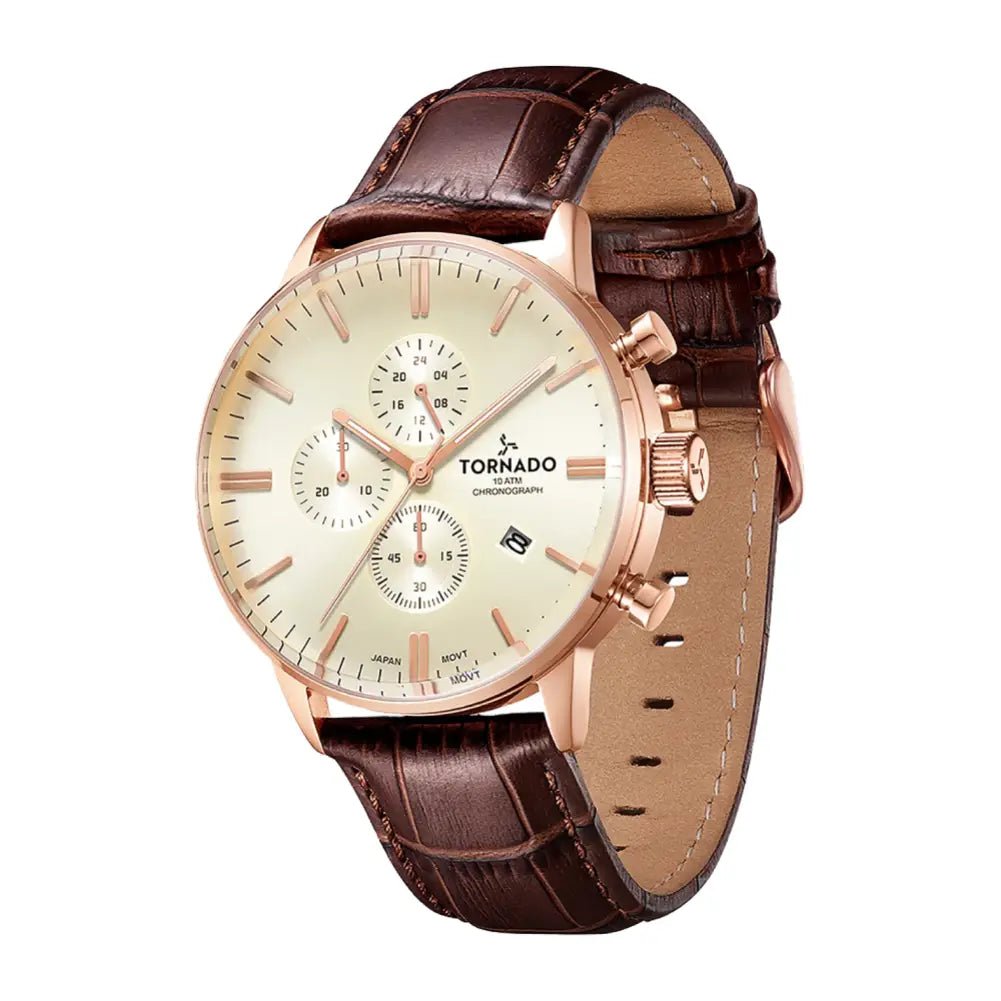 Tornado-TORNADO Celestia Elite T6102-RLDI Chronograph Quartz Ivory Dial Brown Leather Strap Men's Watch-Wristbear-3