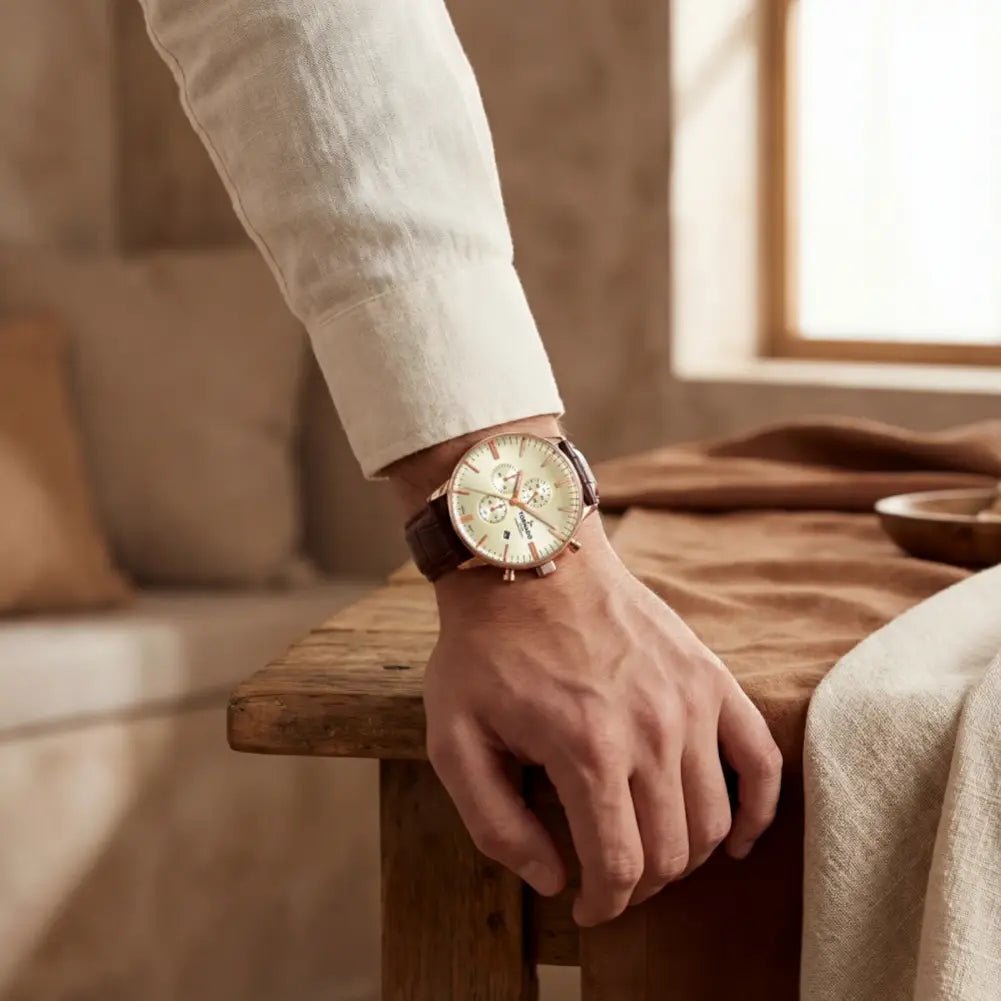 Tornado-TORNADO Celestia Elite T6102-RLDI Chronograph Quartz Ivory Dial Brown Leather Strap Men's Watch-Wristbear-2