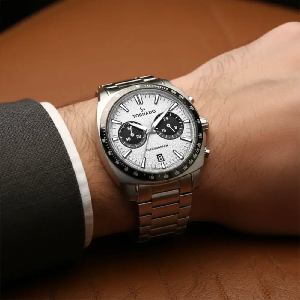 Tornado-TORNADO Gift Box T25104S-SBSW-B Chronograph Quartz Silver Sand-Textured Dial Stainless Steel Bracelet Men's Watch-Wristbear-2