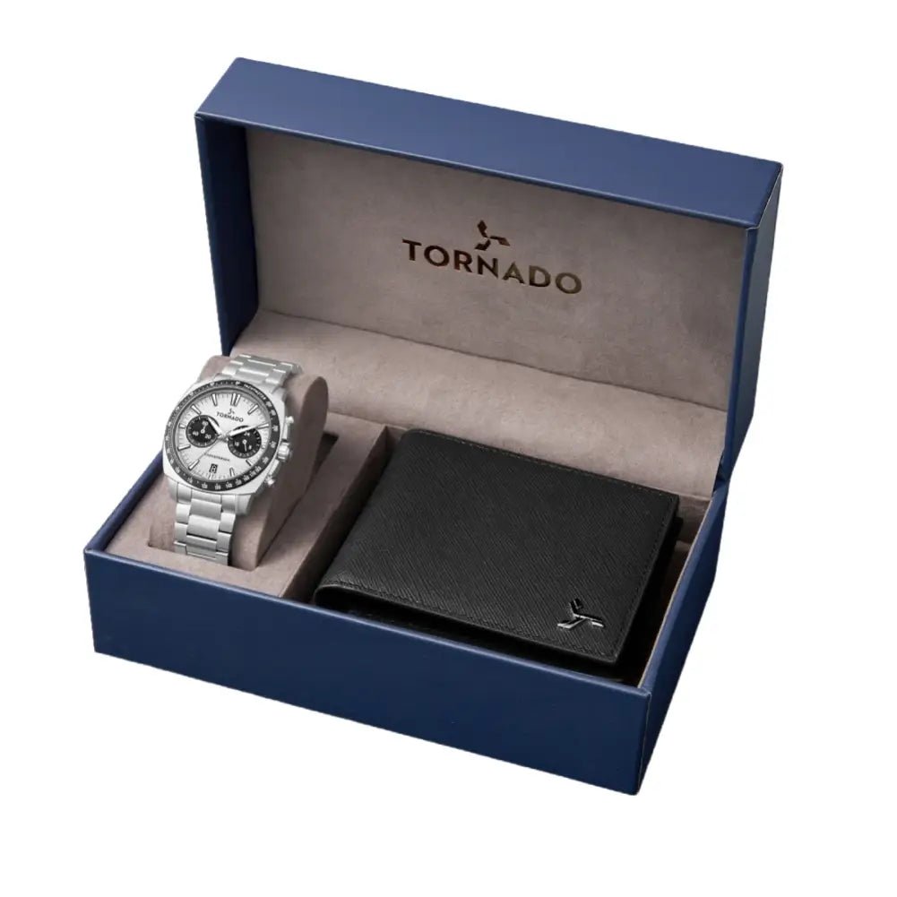 Tornado-TORNADO Gift Box T25104S-SBSW-B Chronograph Quartz Silver Sand-Textured Dial Stainless Steel Bracelet Men's Watch-Wristbear-3