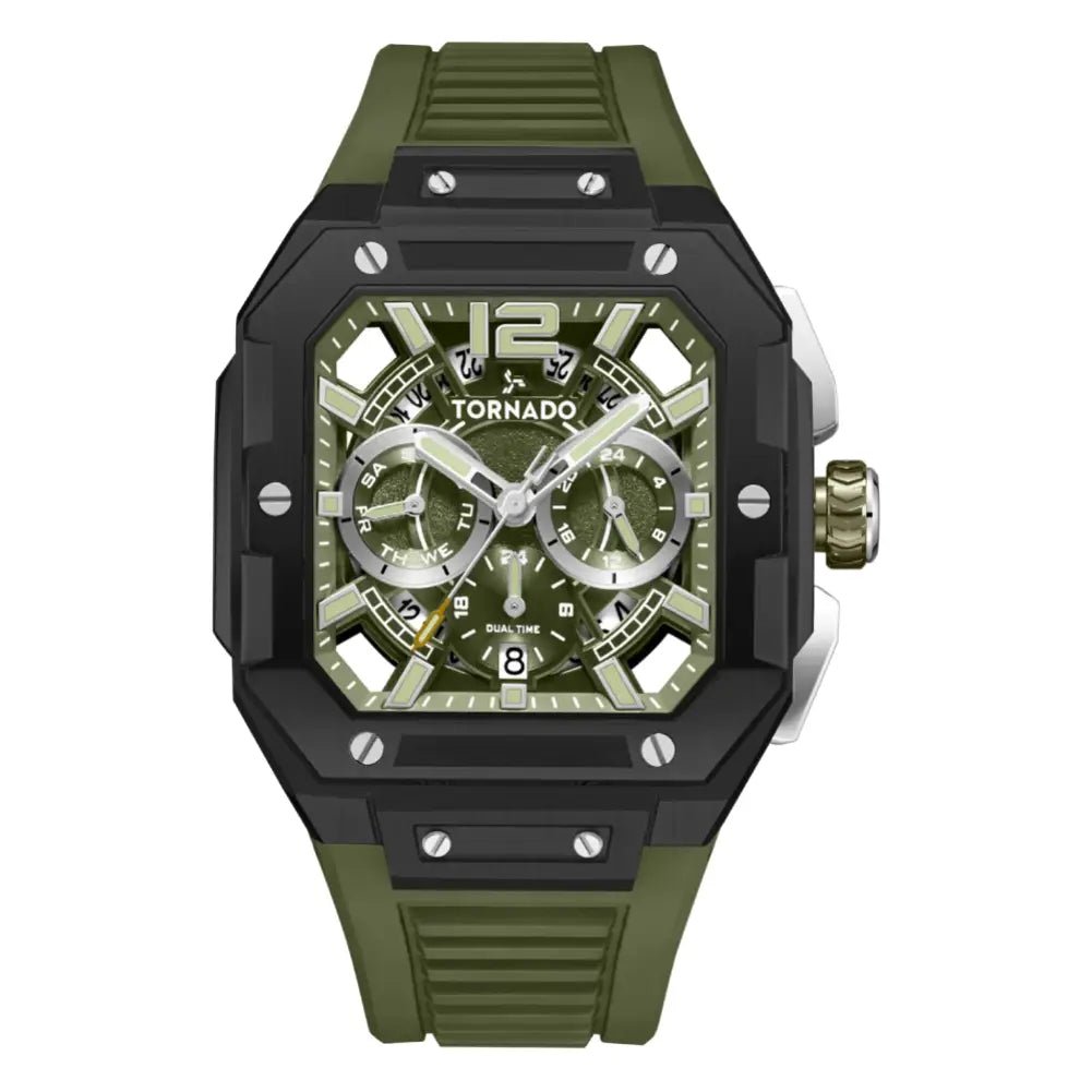 Tornado-TORNADO Xenith Curve T26101-BFHH Multi-Function Quartz Green Dial Green FKM Rubber Strap Men's Watch-Wristbear-1