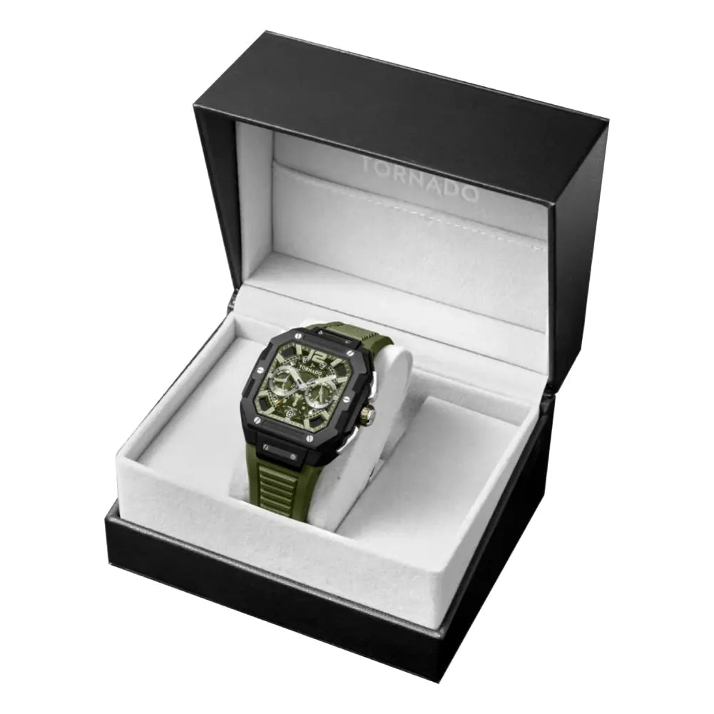 Tornado-TORNADO Xenith Curve T26101-BFHH Multi-Function Quartz Green Dial Green FKM Rubber Strap Men's Watch-Wristbear-3