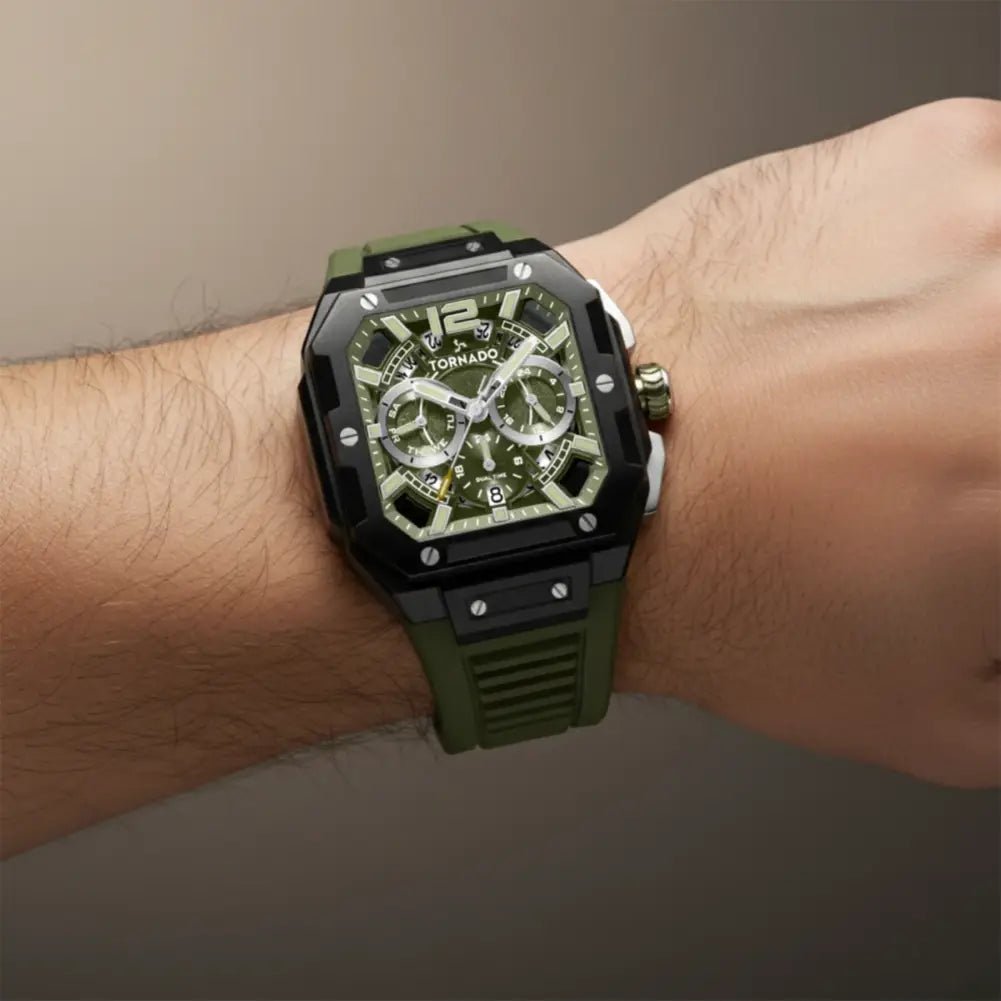 Tornado-TORNADO Xenith Curve T26101-BFHH Multi-Function Quartz Green Dial Green FKM Rubber Strap Men's Watch-Wristbear-2