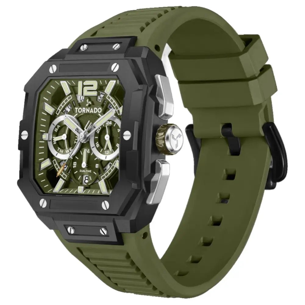 Tornado-TORNADO Xenith Curve T26101-BFHH Multi-Function Quartz Green Dial Green FKM Rubber Strap Men's Watch-Wristbear-4