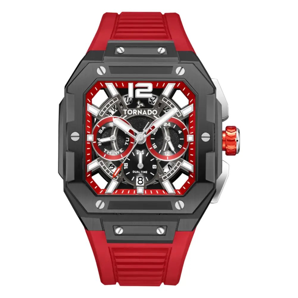 Tornado-TORNADO Xenith Curve T26101-XFRR Multi-Function Quartz Red Dial Red FKM Rubber Strap Men's Watch-Wristbear-1