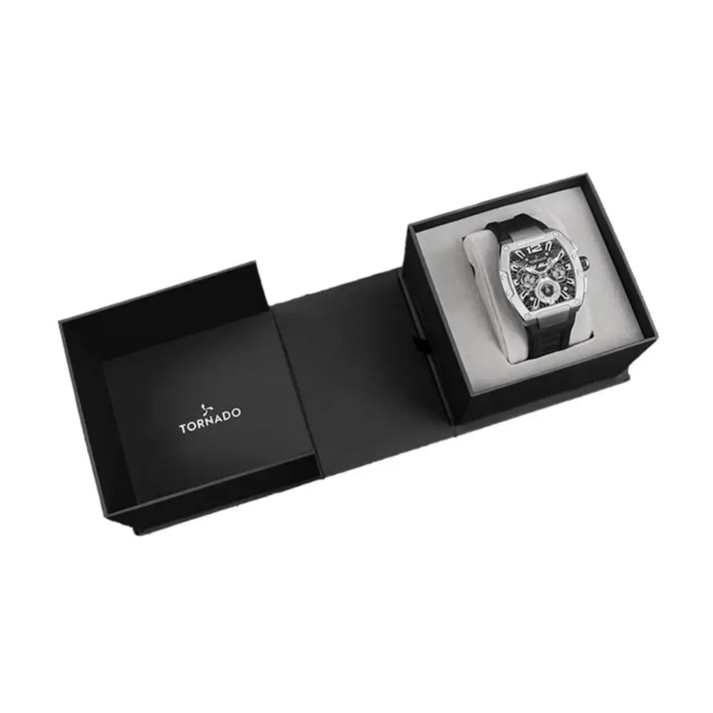 Tornado-TORNADO Xenith T23105-SSBB Multi-Function Quartz Black & Silver Skeleton Dial Black Silicone Strap Men's Watch-Wristbear-4