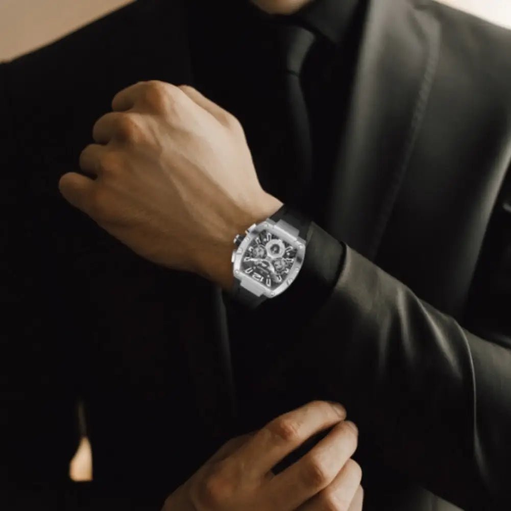 Tornado-TORNADO Xenith T23105-SSBB Multi-Function Quartz Black & Silver Skeleton Dial Black Silicone Strap Men's Watch-Wristbear-2