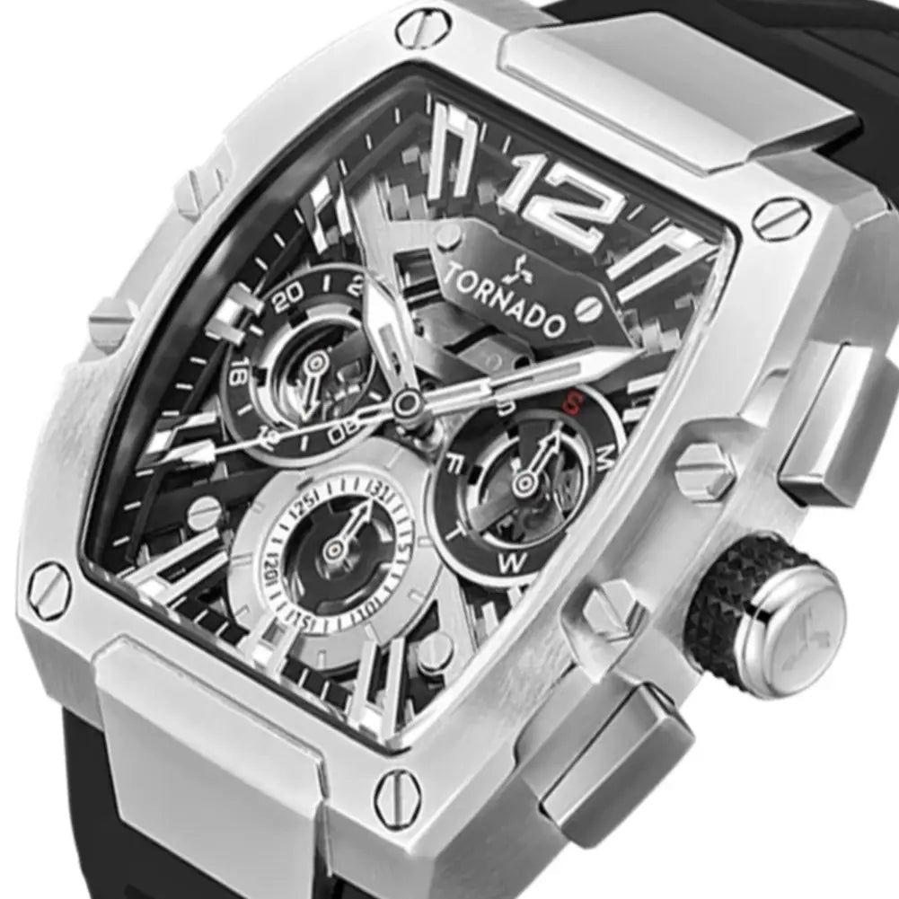 Tornado-TORNADO Xenith T23105-SSBB Multi-Function Quartz Black & Silver Skeleton Dial Black Silicone Strap Men's Watch-Wristbear-3