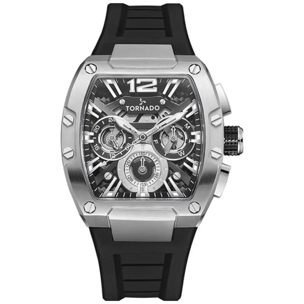 Tornado-TORNADO Xenith T23105-SSBB Multi-Function Quartz Black & Silver Skeleton Dial Black Silicone Strap Men's Watch-Wristbear-1