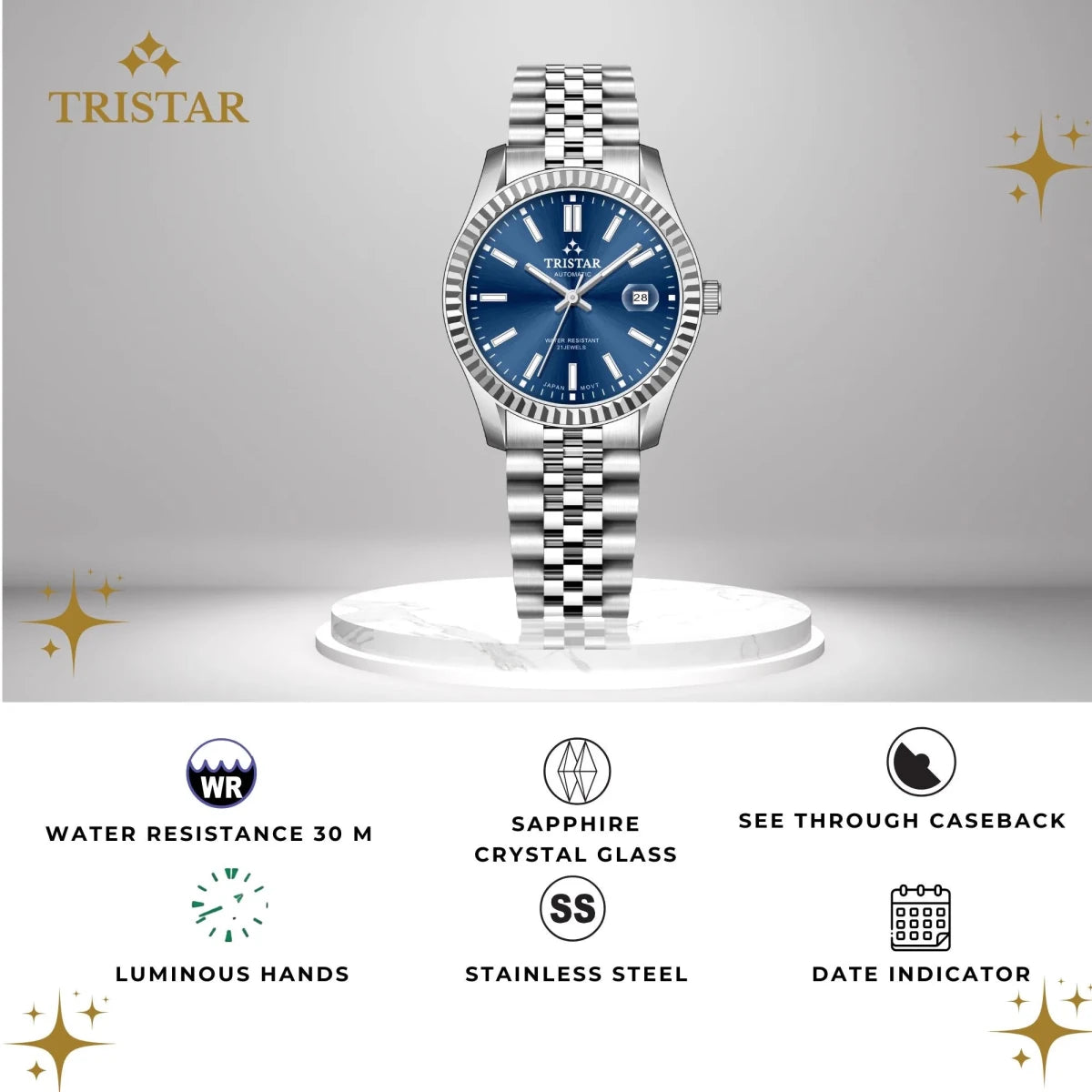 Tristar-Tristar RD Series Men's Japanese Automatic Watch with Navy Blue Dial and Stainless-Steel Bracelet-Wristbear-4
