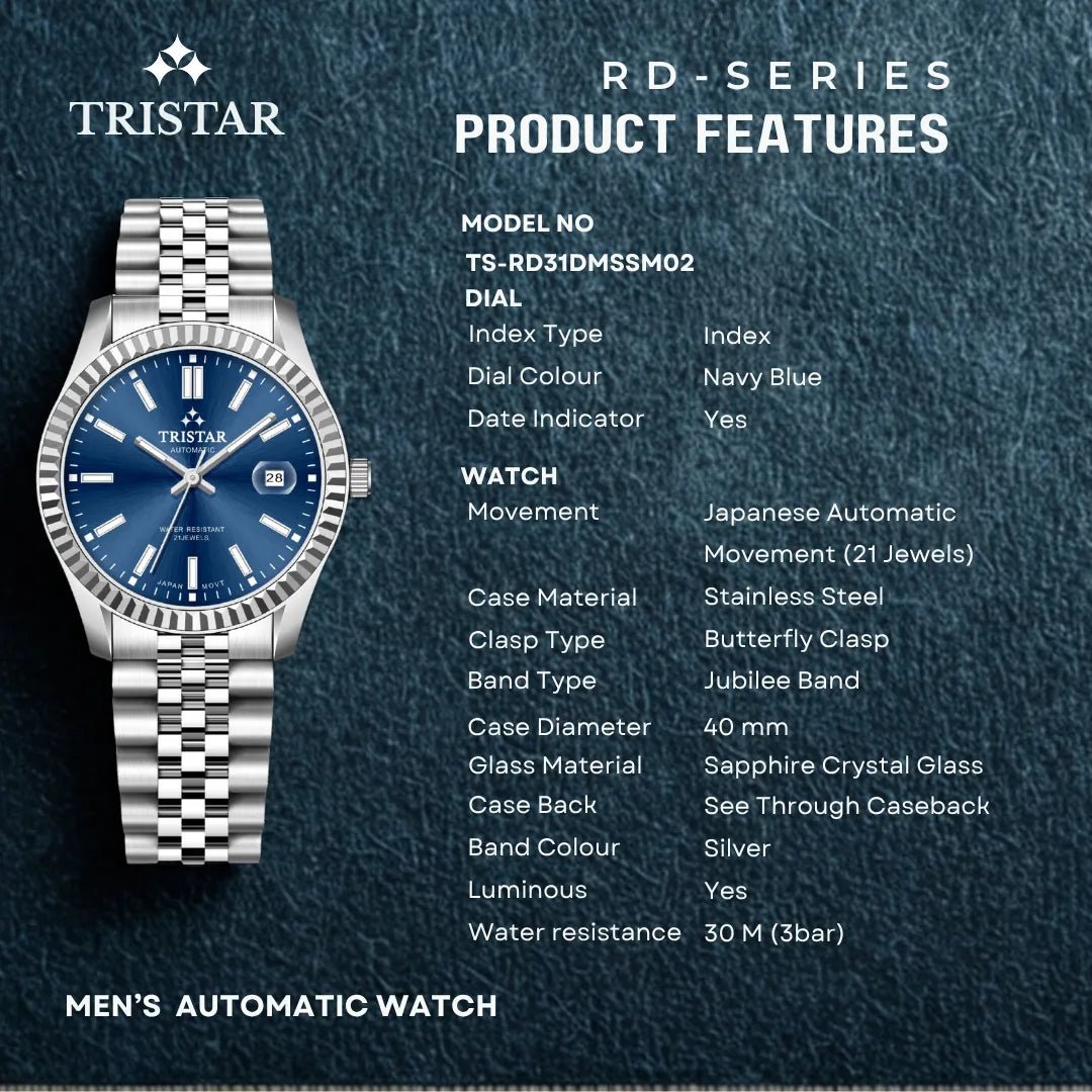 Tristar-Tristar RD Series Men's Japanese Automatic Watch with Navy Blue Dial and Stainless-Steel Bracelet-Wristbear-3