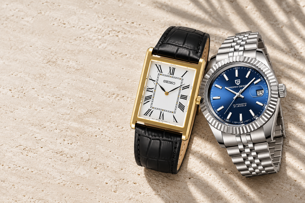 Seiko gold rectangular watch and Pagani blue dial watch on pale stone