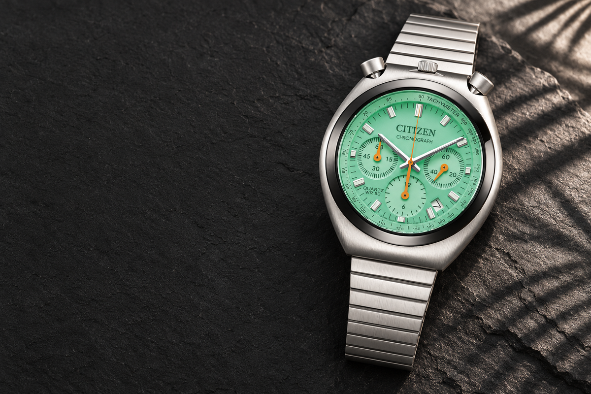 Citizen Tsuno chronograph with mint dial on dark slate
