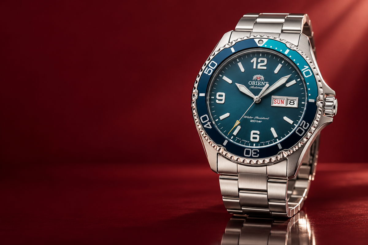 Orient Mako 40 blue diver watch on a burgundy backdrop