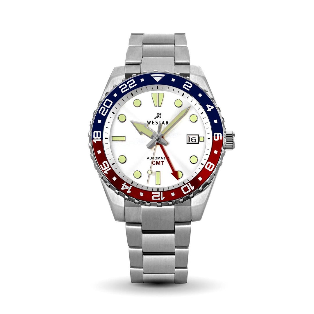 Westar 80012STN101 men's automatic GMT watch with white dial and silver bracelet