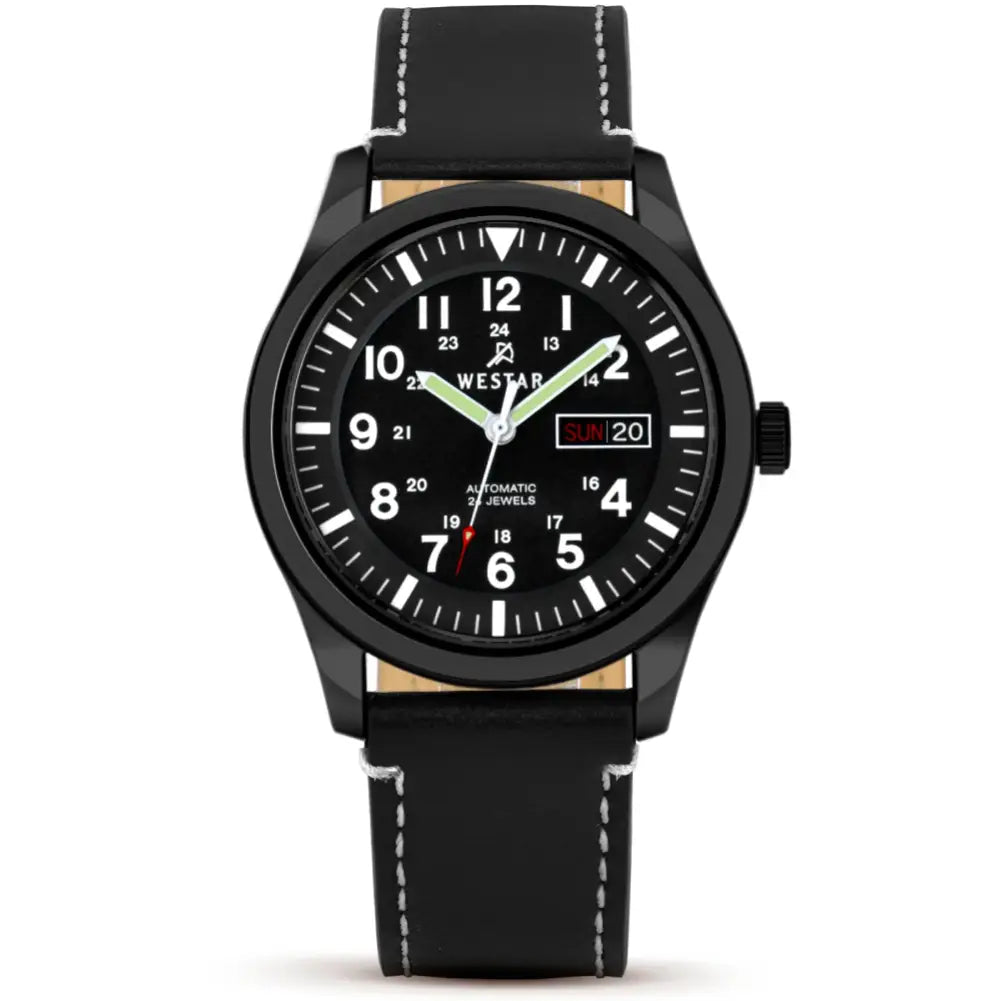 Westar-Westar 80016BBN103 Automatic Black Dial Black Leather Strap Men's Watch-Wristbear-1