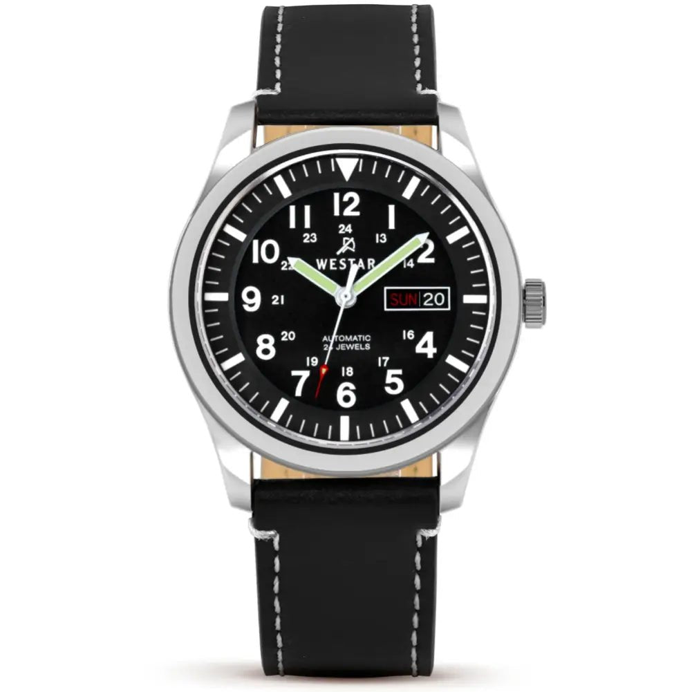 Westar-Westar 80016STN103 Automatic Black Dial Black Leather Strap Men's Watch-Wristbear-1