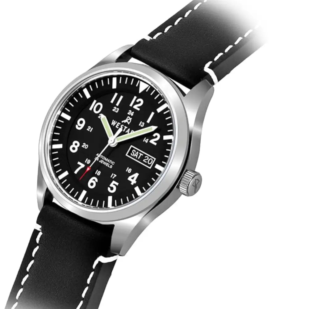Westar-Westar 80016STN103 Automatic Black Dial Black Leather Strap Men's Watch-Wristbear-3