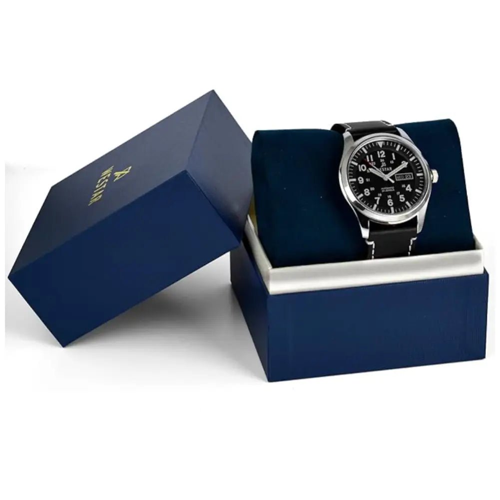 Westar-Westar 80016STN103 Automatic Black Dial Black Leather Strap Men's Watch-Wristbear-6