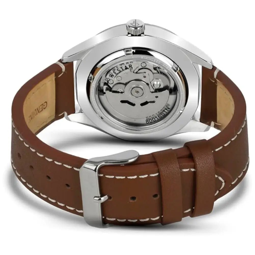 Westar-Westar 80016STN121 Automatic White Dial Brown Leather Strap Men's Watch-Wristbear-6