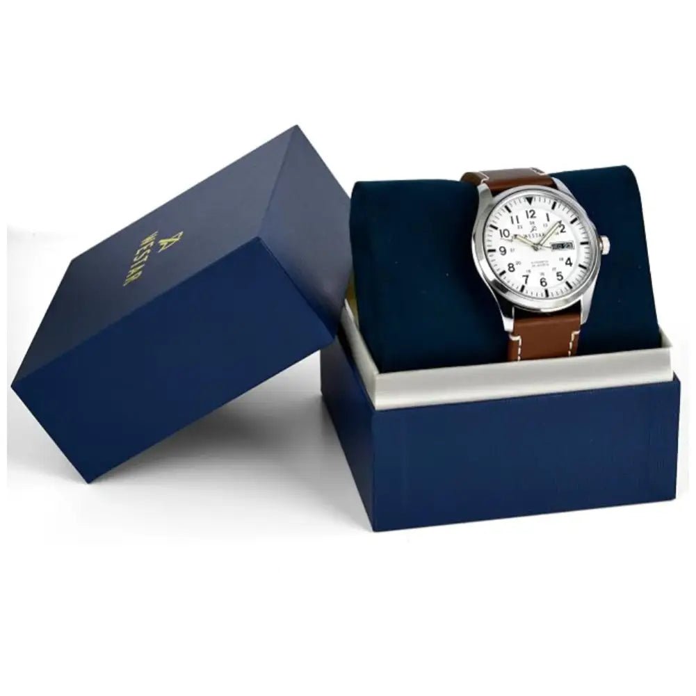 Westar-Westar 80016STN121 Automatic White Dial Brown Leather Strap Men's Watch-Wristbear-4