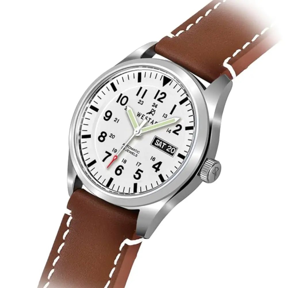 Westar-Westar 80016STN121 Automatic White Dial Brown Leather Strap Men's Watch-Wristbear-3