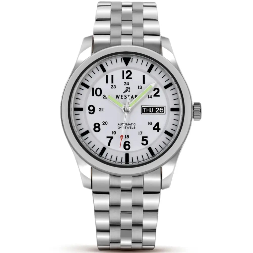 Westar-Westar 80018STN101 Automatic White Dial Stainless Steel Bracelet Men's Watch-Wristbear-1