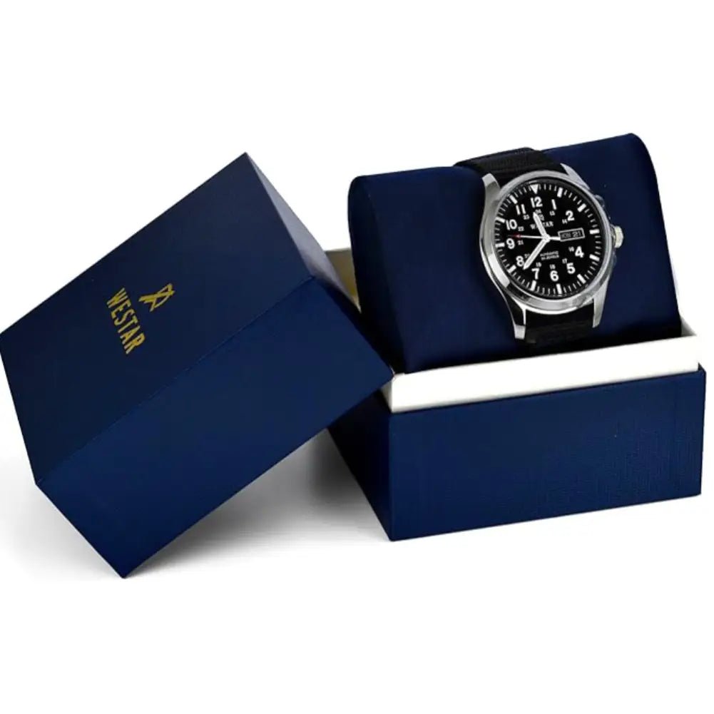 Westar-Westar 80019STN103 Automatic Black Dial Black Textile Strap Men's Watch-Wristbear-5