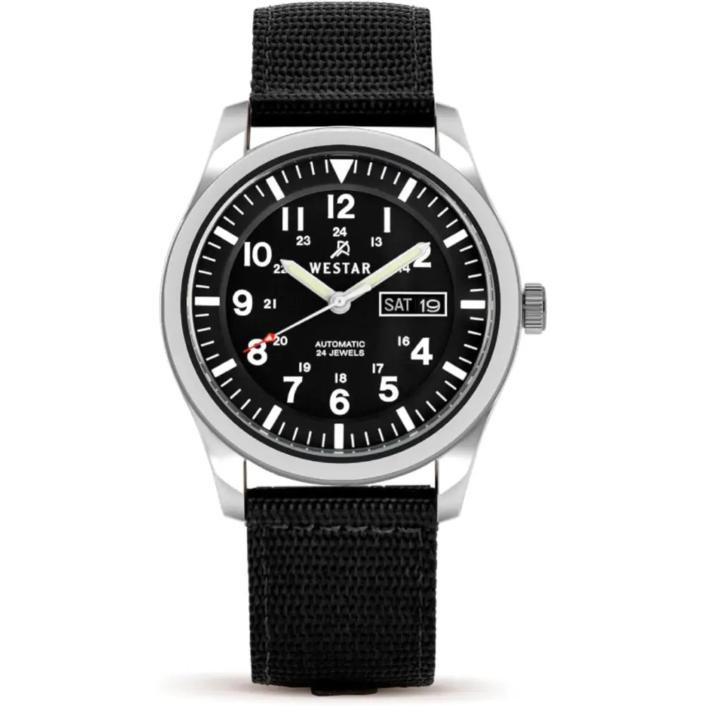 Westar-Westar 80019STN103 Automatic Black Dial Black Textile Strap Men's Watch-Wristbear-1