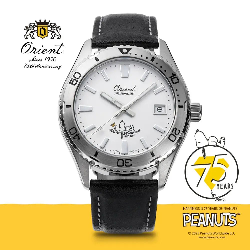Orient Mako 40 x Peanuts 75th Anniversary Limited Edition RA-AC0Q08S Automatic White Dial Leather Strap Men’s Watch - shop_name WristbearRA-AC0Q08S